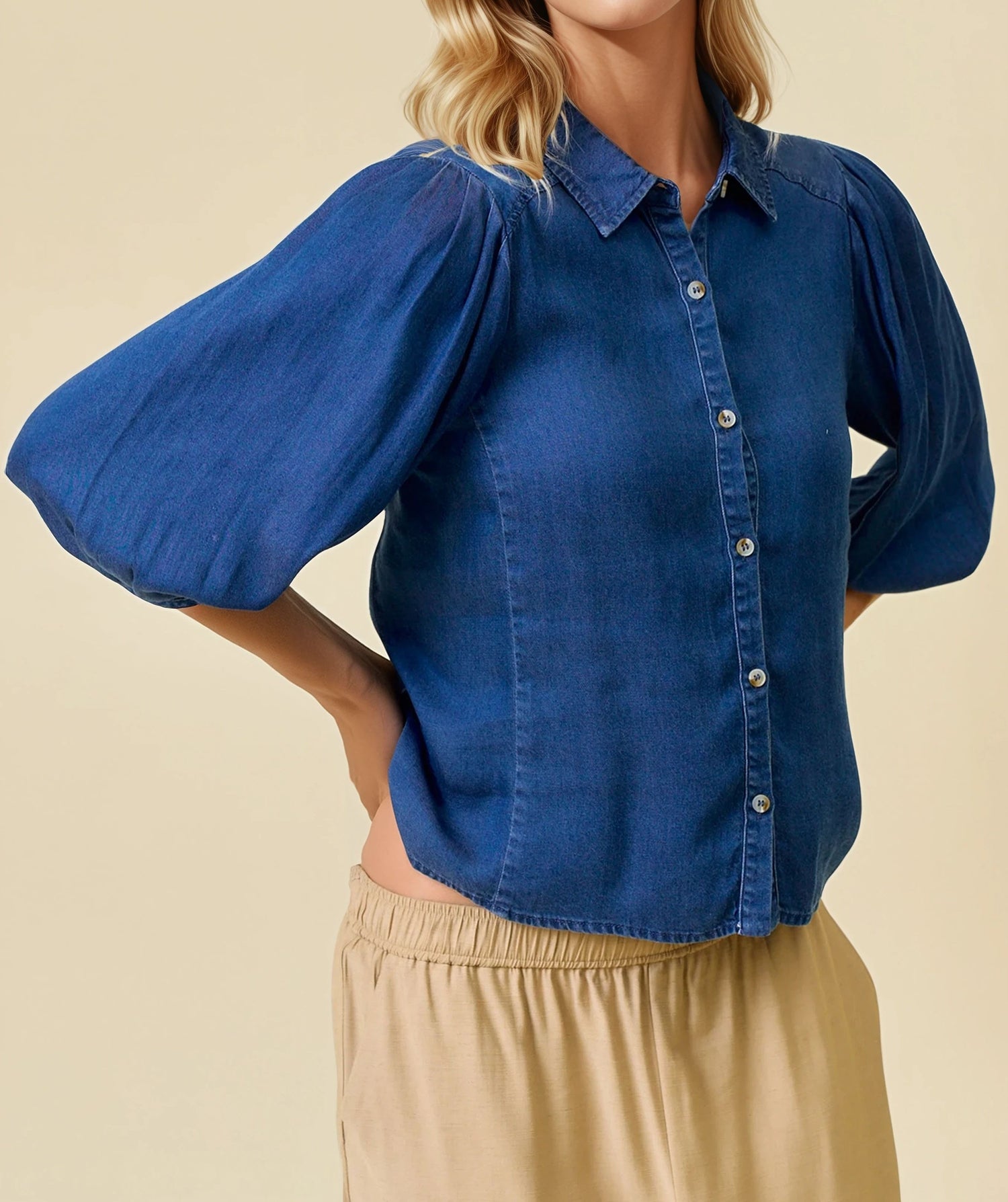 DENIM TENCEL CHAMBRAY SHORT PLEATED PUFF SLEEVE BUTTON UP TOP