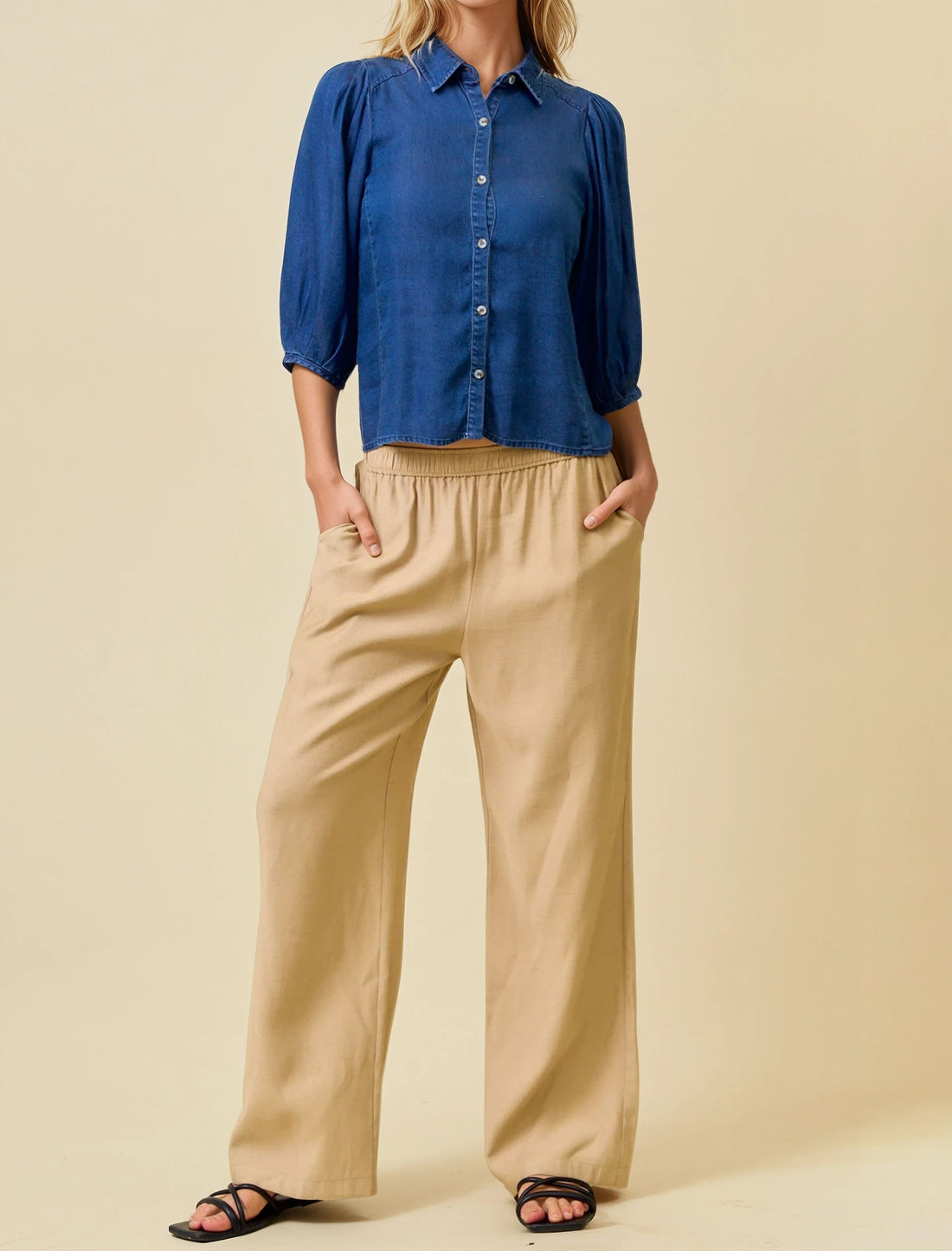 DENIM TENCEL CHAMBRAY SHORT PLEATED PUFF SLEEVE BUTTON UP TOP