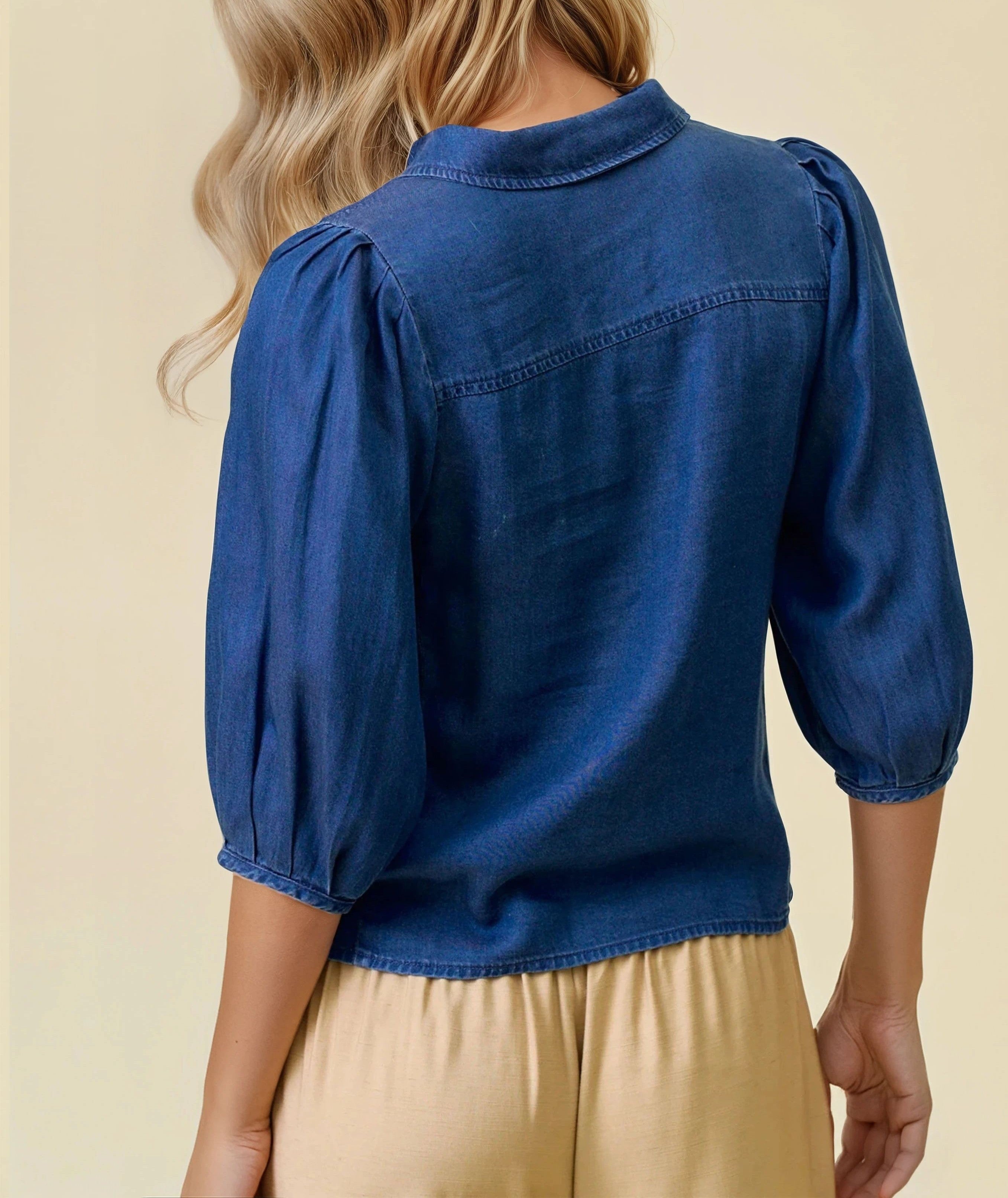 DENIM TENCEL CHAMBRAY SHORT PLEATED PUFF SLEEVE BUTTON UP TOP