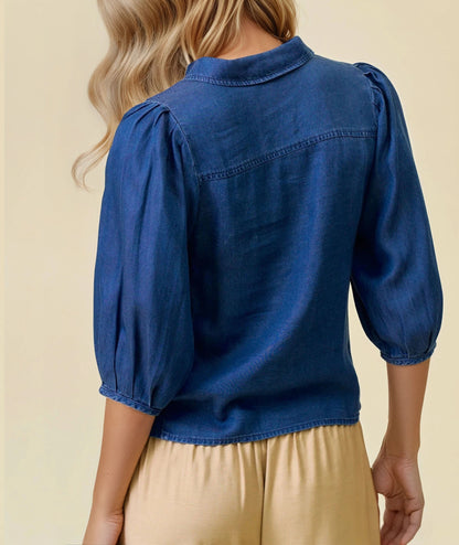 DENIM TENCEL CHAMBRAY SHORT PLEATED PUFF SLEEVE BUTTON UP TOP