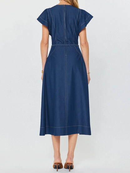 DENIM CONTRAST STITCH SHORT RUFFLE SLEEVE WAIST TIE MIDI DRESS