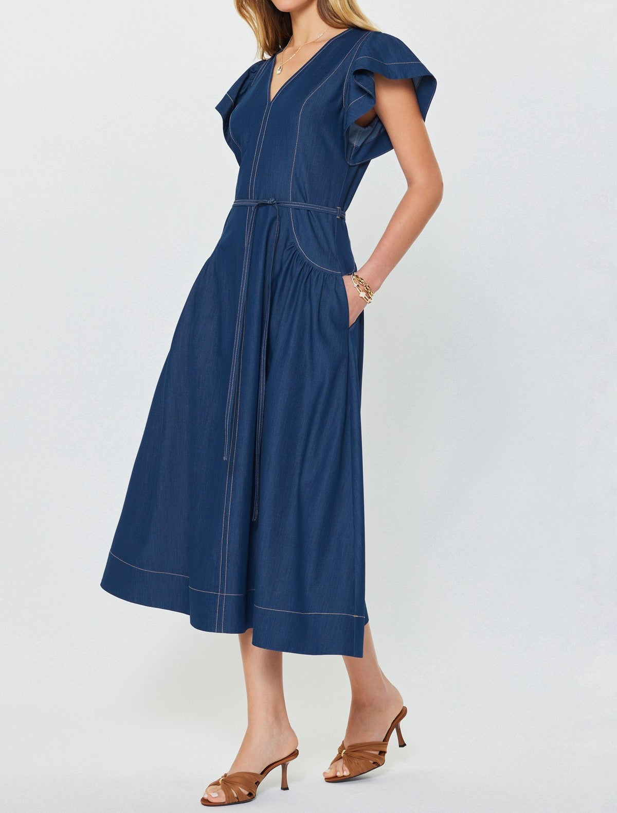 DENIM CONTRAST STITCH SHORT RUFFLE SLEEVE WAIST TIE MIDI DRESS