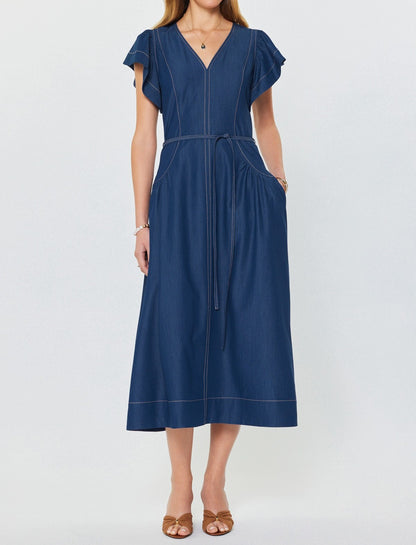 DENIM CONTRAST STITCH SHORT RUFFLE SLEEVE WAIST TIE MIDI DRESS