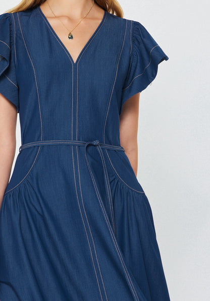 DENIM CONTRAST STITCH SHORT RUFFLE SLEEVE WAIST TIE MIDI DRESS