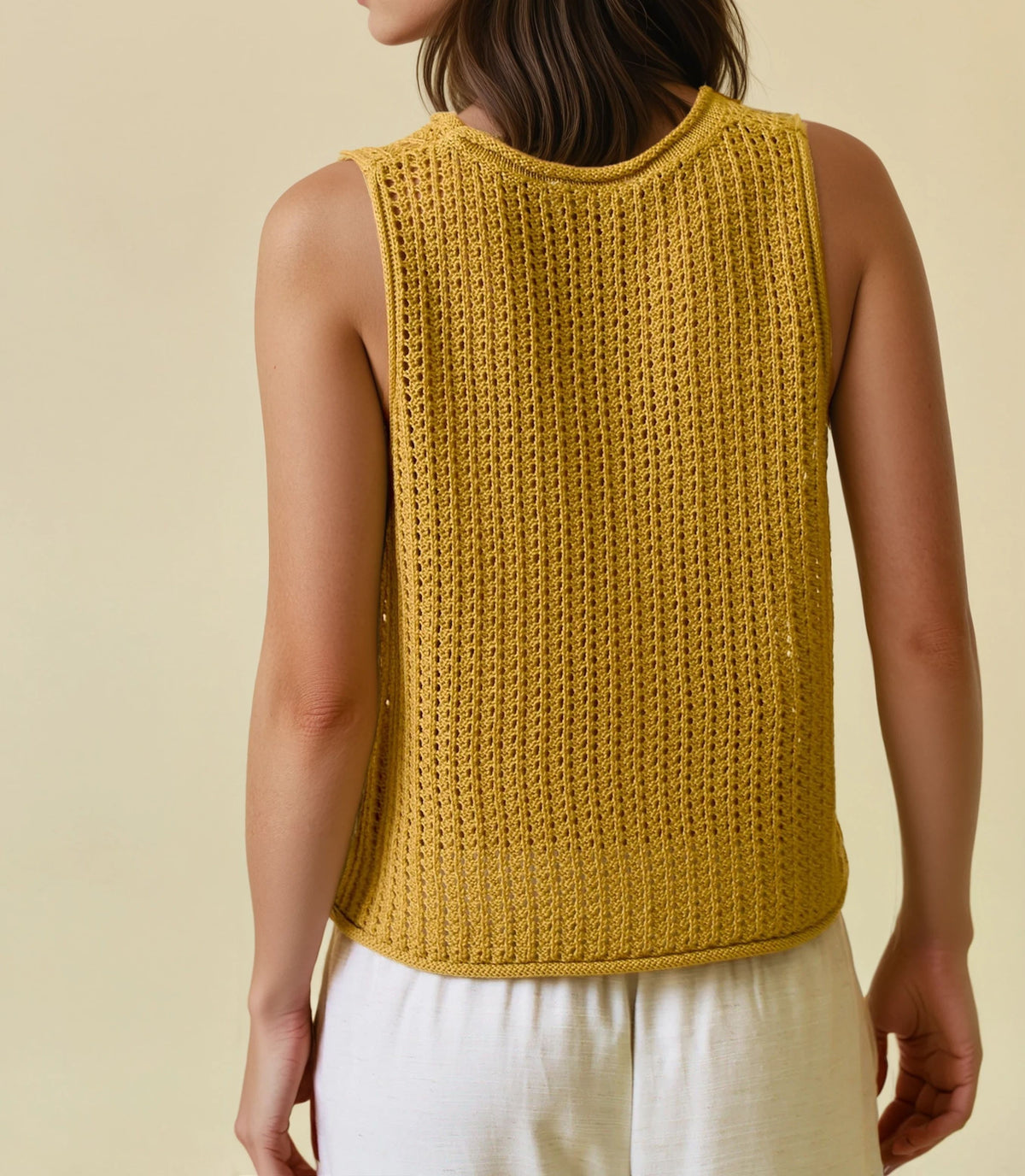 MUSTARD OPEN STITCH ROUND NECK SLEEVELESS SWEATER TANK TOP
