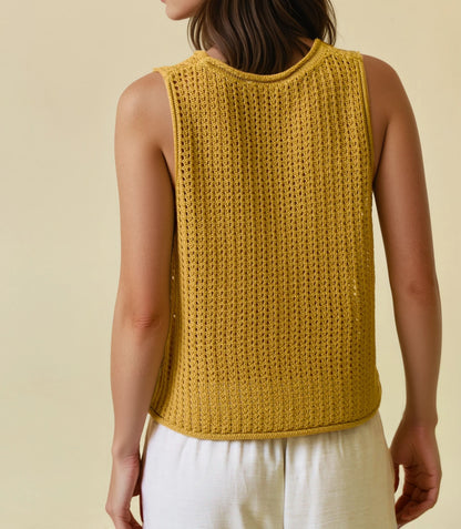 MUSTARD OPEN STITCH ROUND NECK SLEEVELESS SWEATER TANK TOP