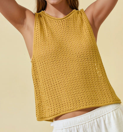 MUSTARD OPEN STITCH ROUND NECK SLEEVELESS SWEATER TANK TOP