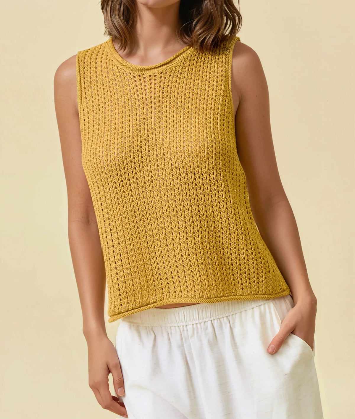 MUSTARD OPEN STITCH ROUND NECK SLEEVELESS SWEATER TANK TOP