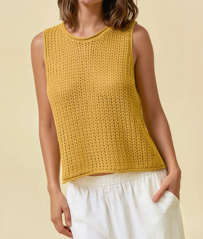 MUSTARD OPEN STITCH ROUND NECK SLEEVELESS SWEATER TANK TOP