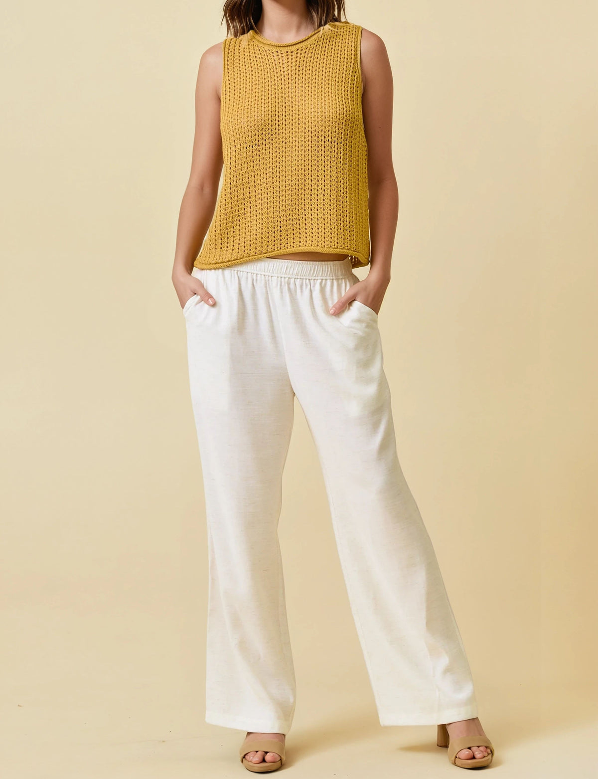 MUSTARD OPEN STITCH ROUND NECK SLEEVELESS SWEATER TANK TOP