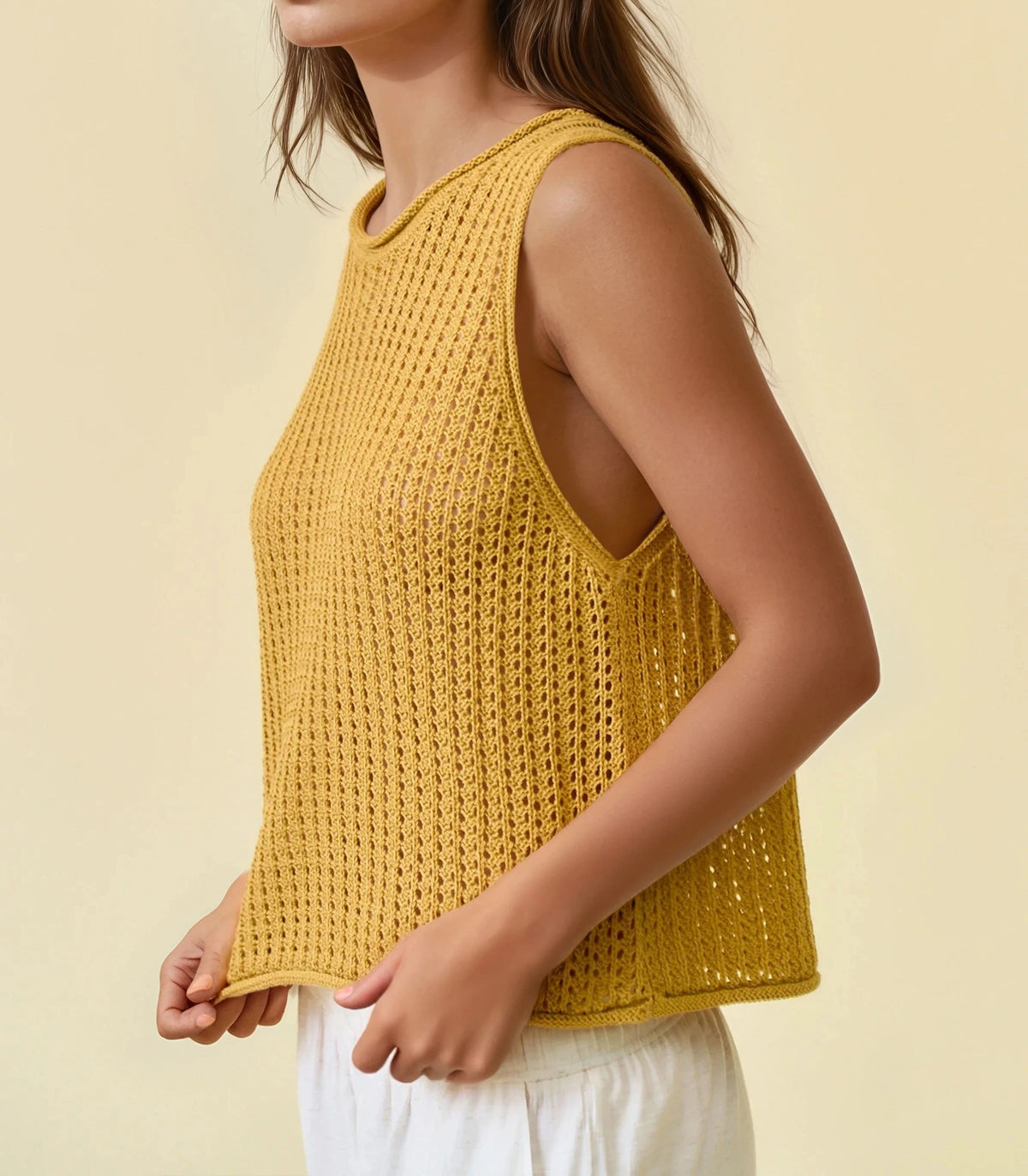 MUSTARD OPEN STITCH ROUND NECK SLEEVELESS SWEATER TANK TOP