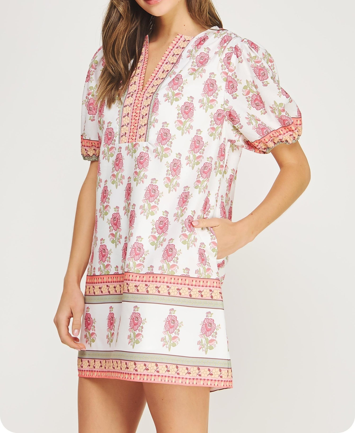WHITE/PINK FLORAL PRINT POPLIN MINI DRESS