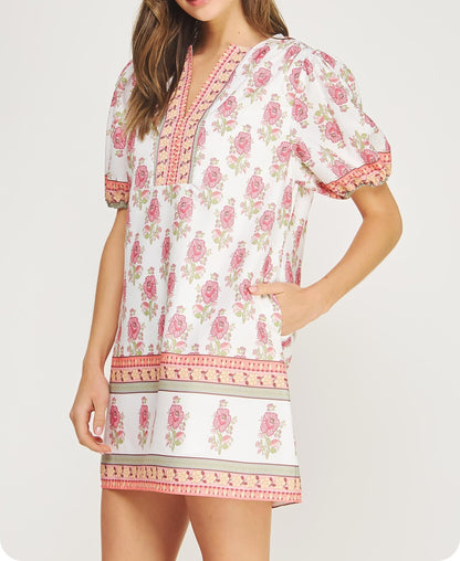 WHITE/PINK FLORAL PRINT POPLIN MINI DRESS