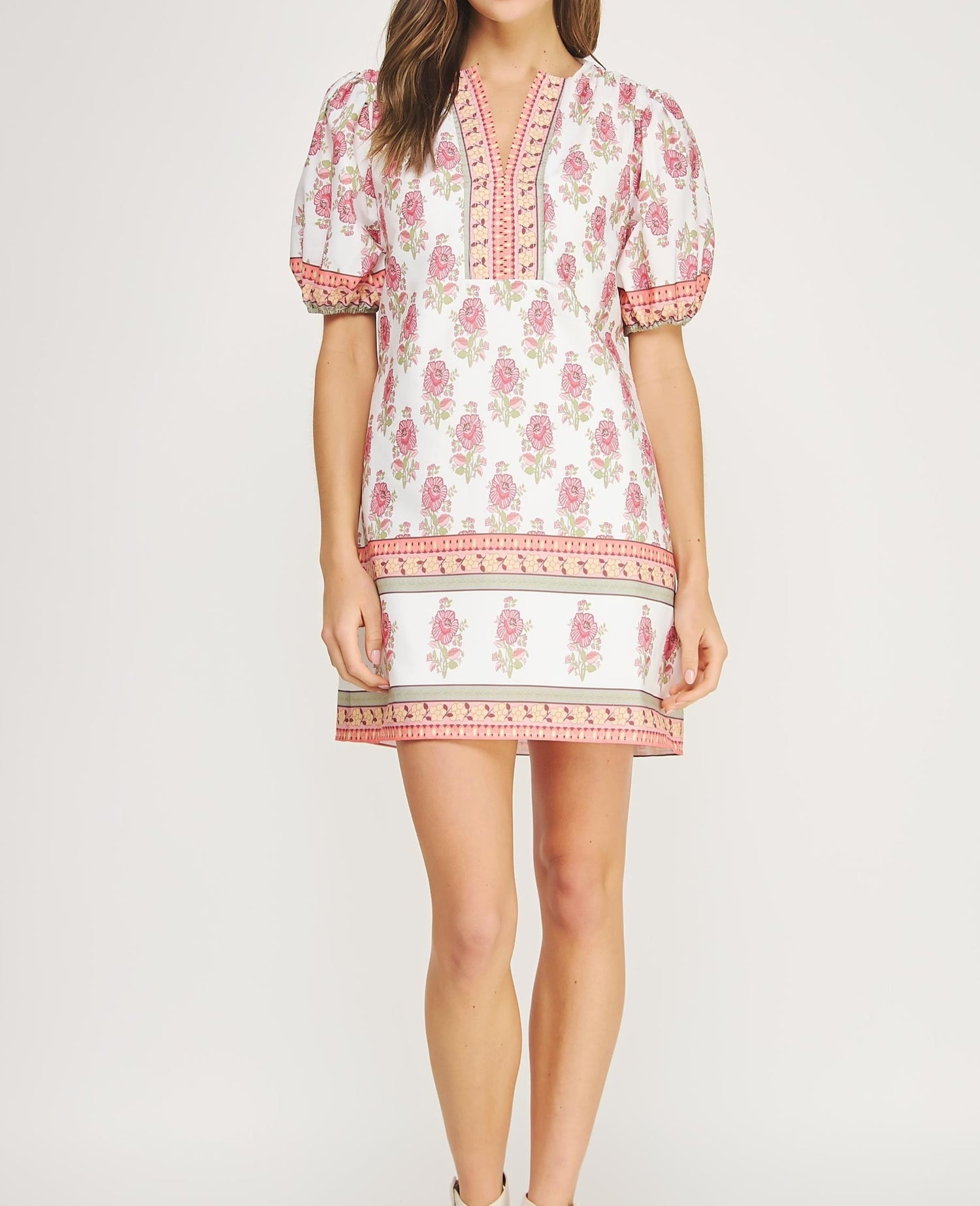 WHITE/PINK FLORAL PRINT POPLIN MINI DRESS