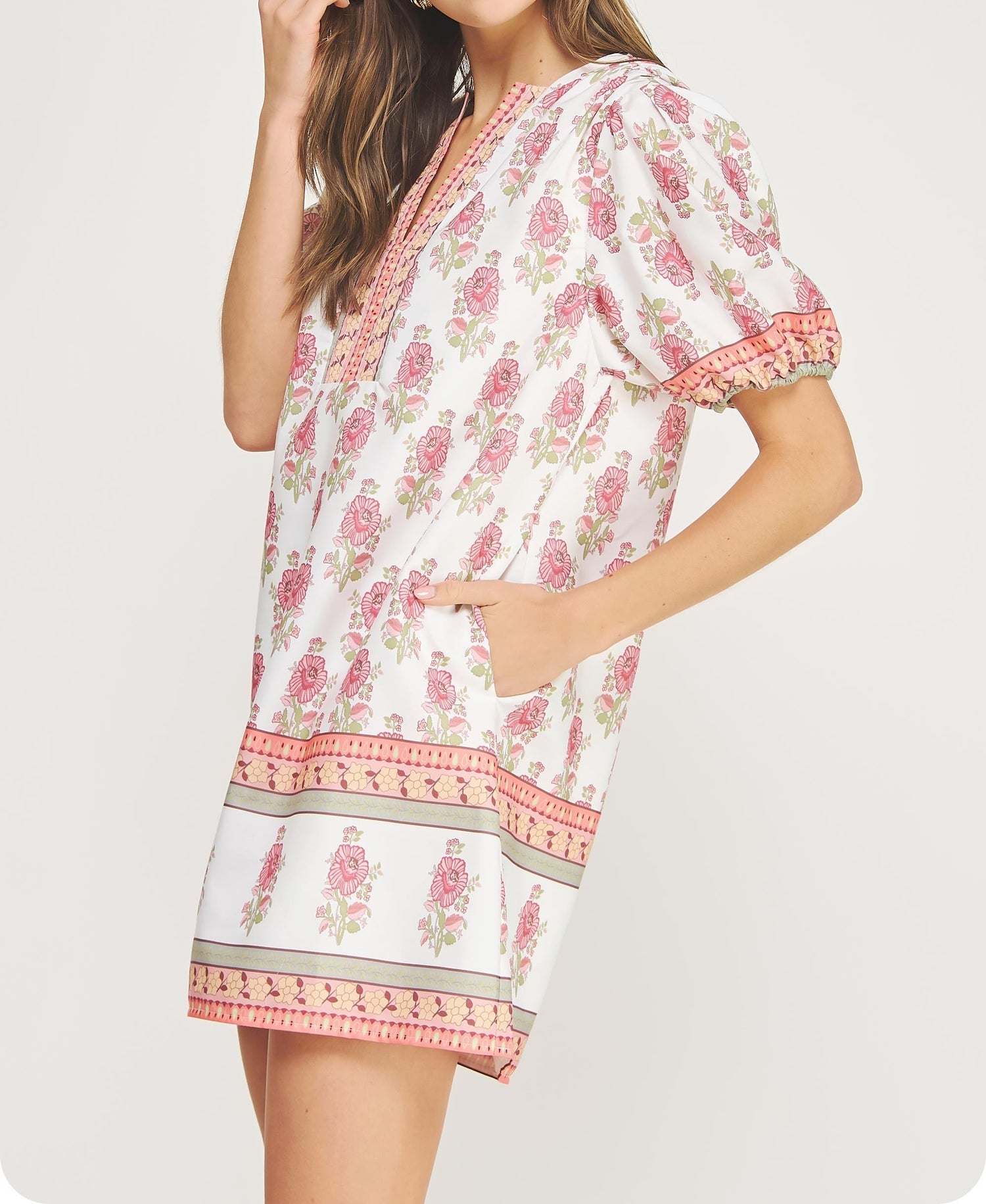 WHITE/PINK FLORAL PRINT POPLIN MINI DRESS