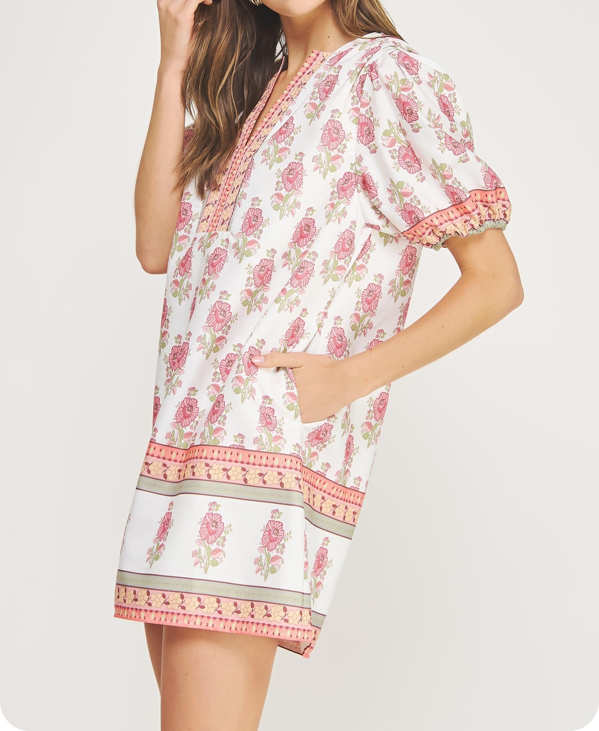 WHITE/PINK FLORAL PRINT POPLIN MINI DRESS