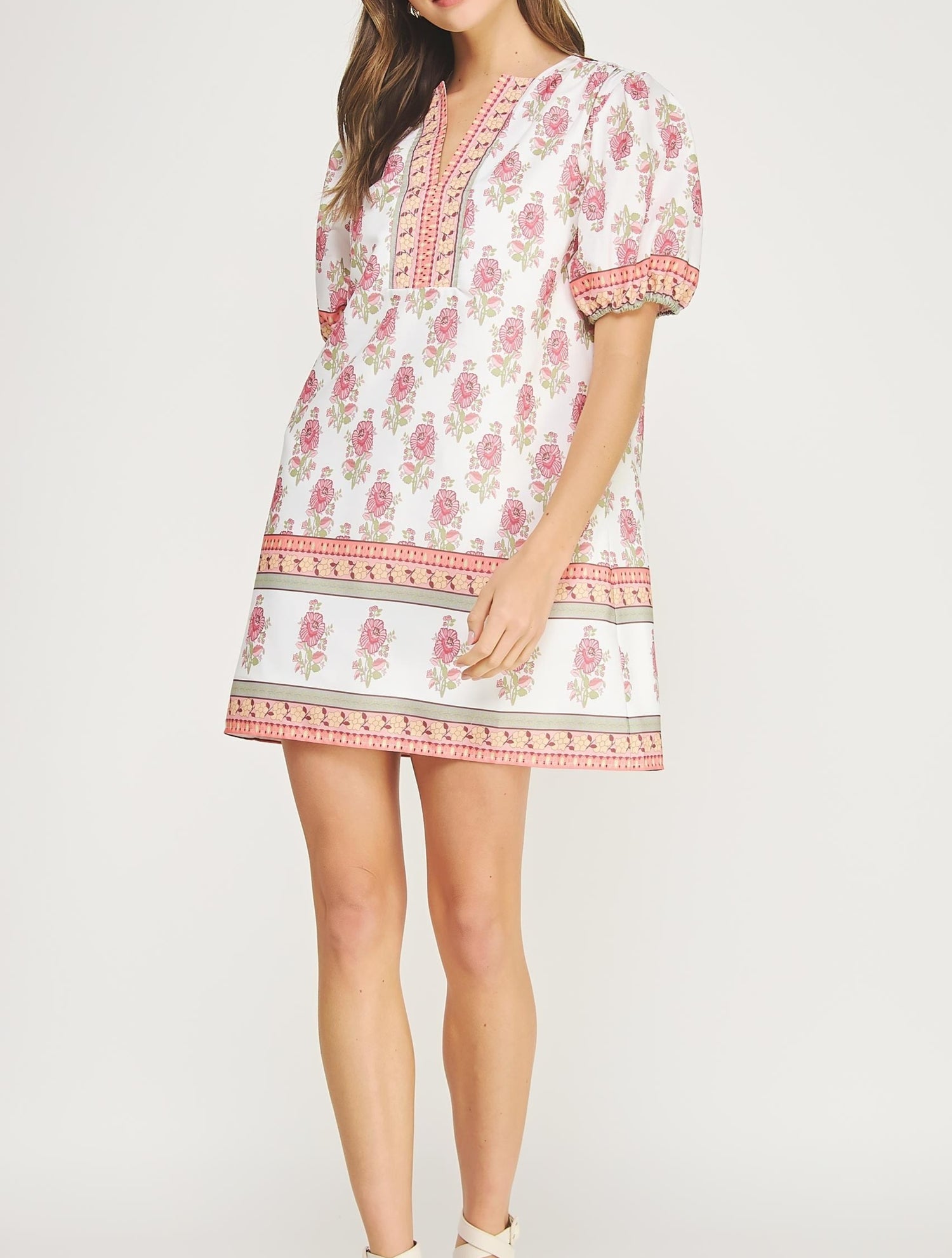 WHITE/PINK FLORAL PRINT POPLIN MINI DRESS
