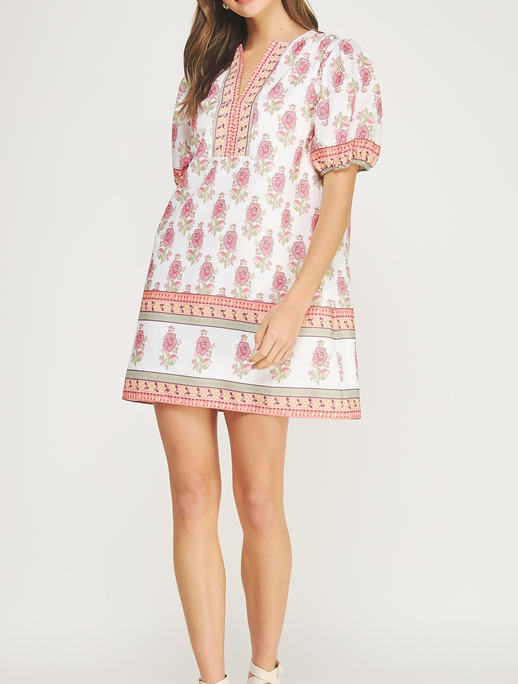 WHITE/PINK FLORAL PRINT POPLIN MINI DRESS