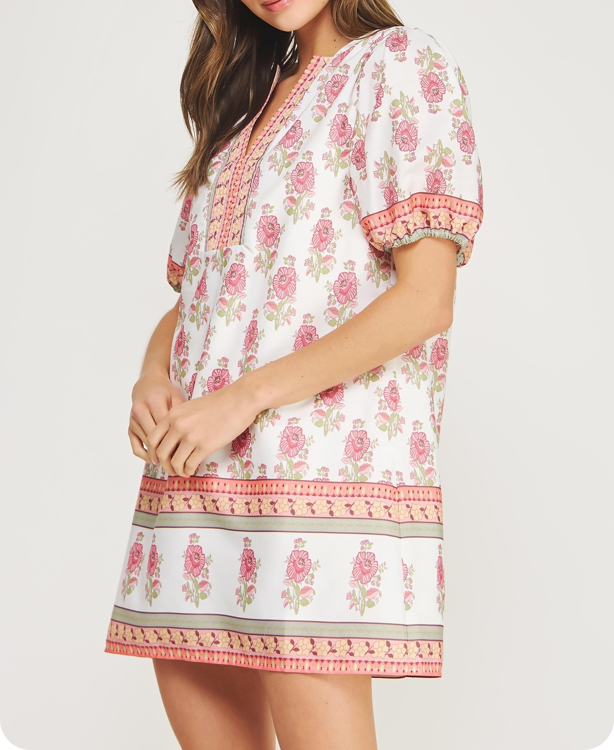 WHITE/PINK FLORAL PRINT POPLIN MINI DRESS
