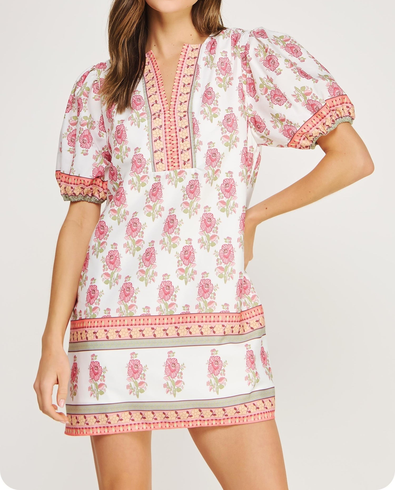 WHITE/PINK FLORAL PRINT POPLIN MINI DRESS