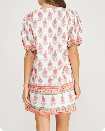 WHITE/PINK FLORAL PRINT POPLIN MINI DRESS