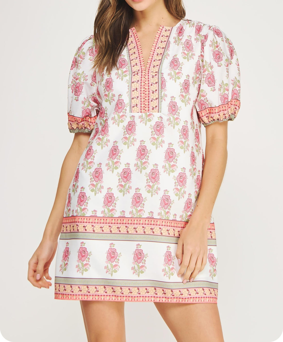 WHITE/PINK FLORAL PRINT POPLIN MINI DRESS