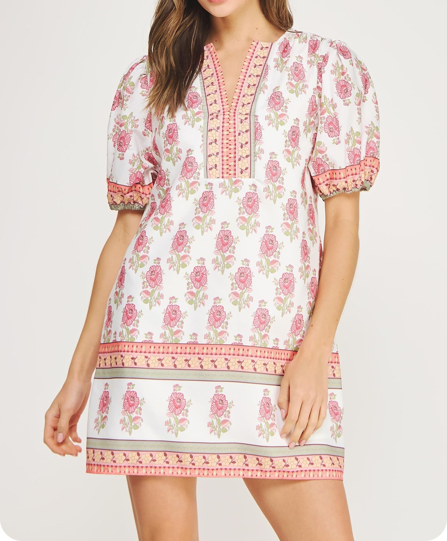 WHITE/PINK FLORAL PRINT POPLIN MINI DRESS