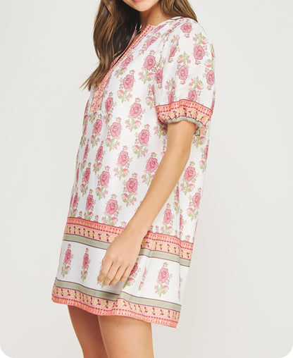 WHITE/PINK FLORAL PRINT POPLIN MINI DRESS