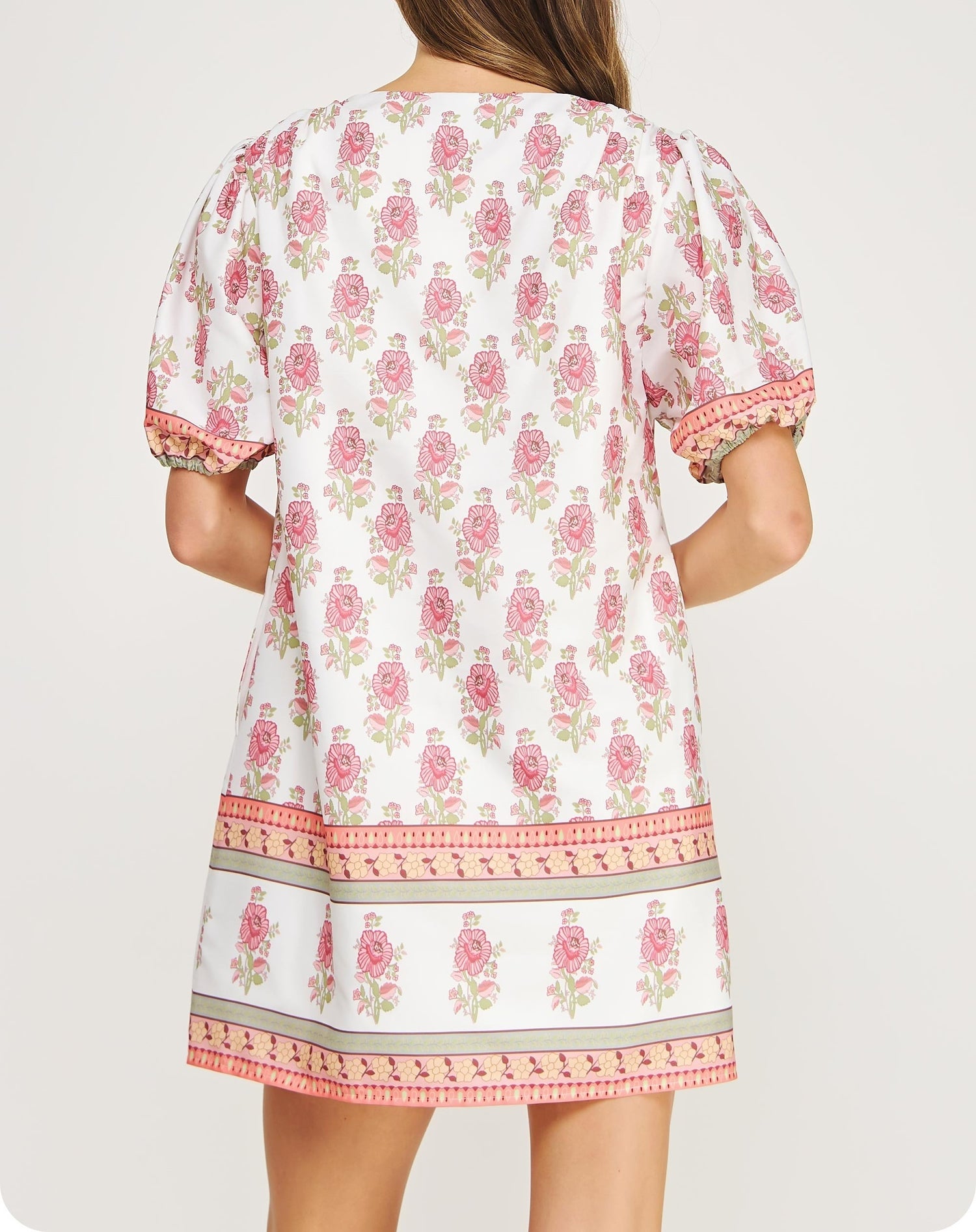WHITE/PINK FLORAL PRINT POPLIN MINI DRESS