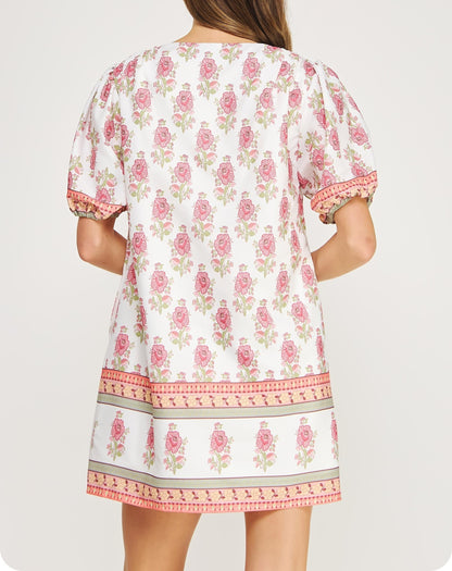 WHITE/PINK FLORAL PRINT POPLIN MINI DRESS