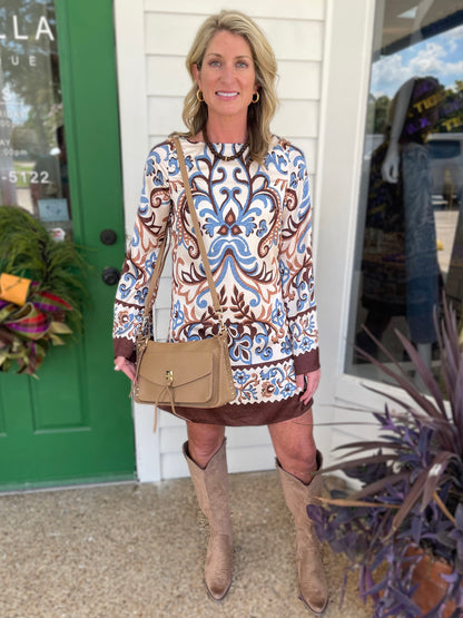 IVORY, BROWN &amp; BLUE BORDER PRINT BELL SLEEVE MINI DRESS