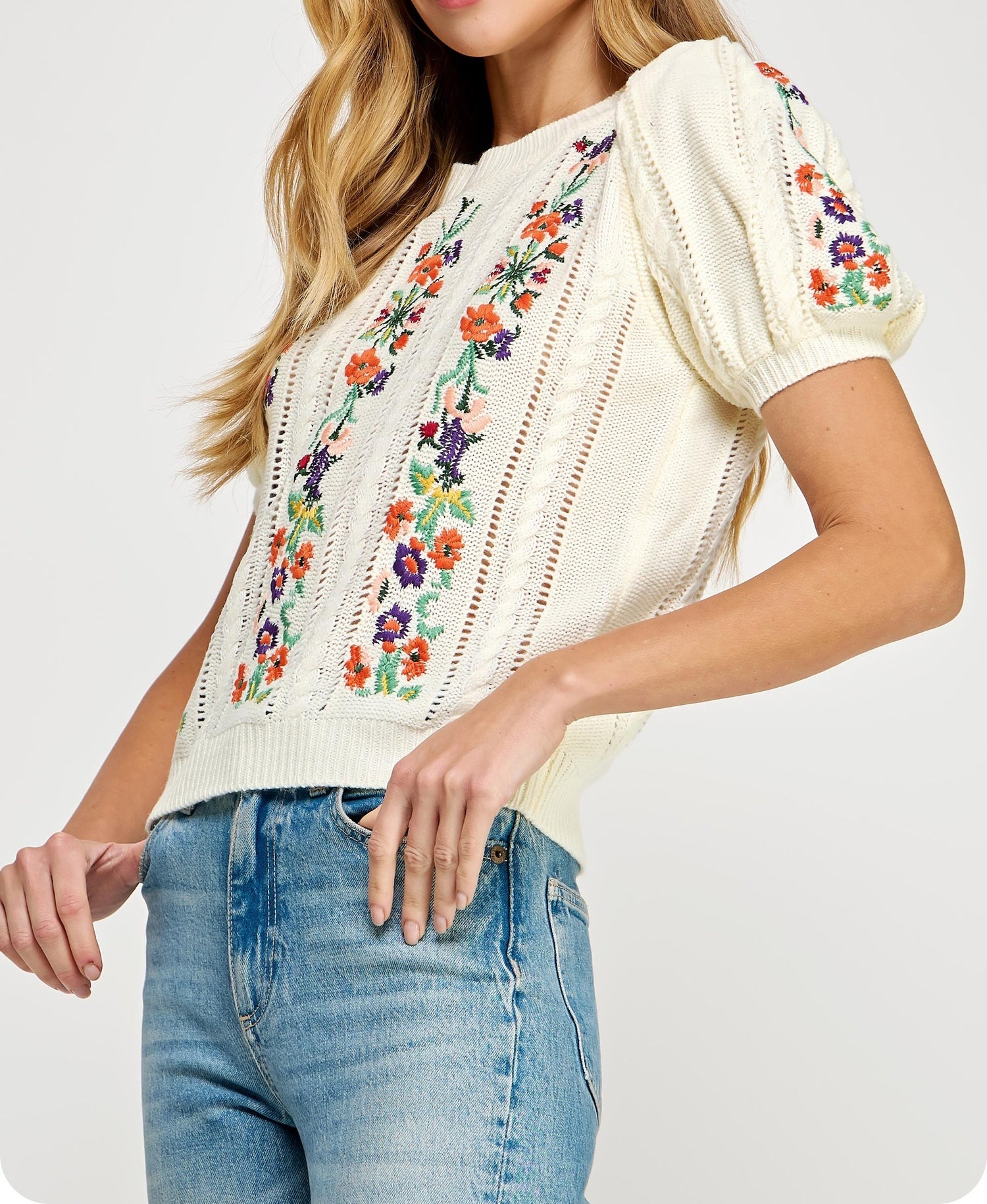CREAM MULTI FLORAL EMBROIDERED POINTELLE KNITTED TOP