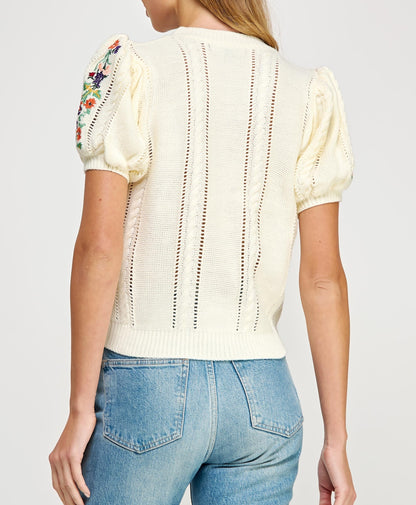 CREAM MULTI FLORAL EMBROIDERED POINTELLE KNITTED TOP