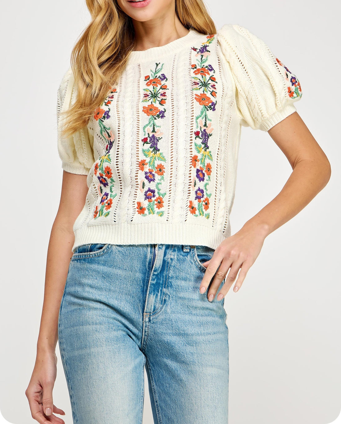 CREAM MULTI FLORAL EMBROIDERED POINTELLE KNITTED TOP