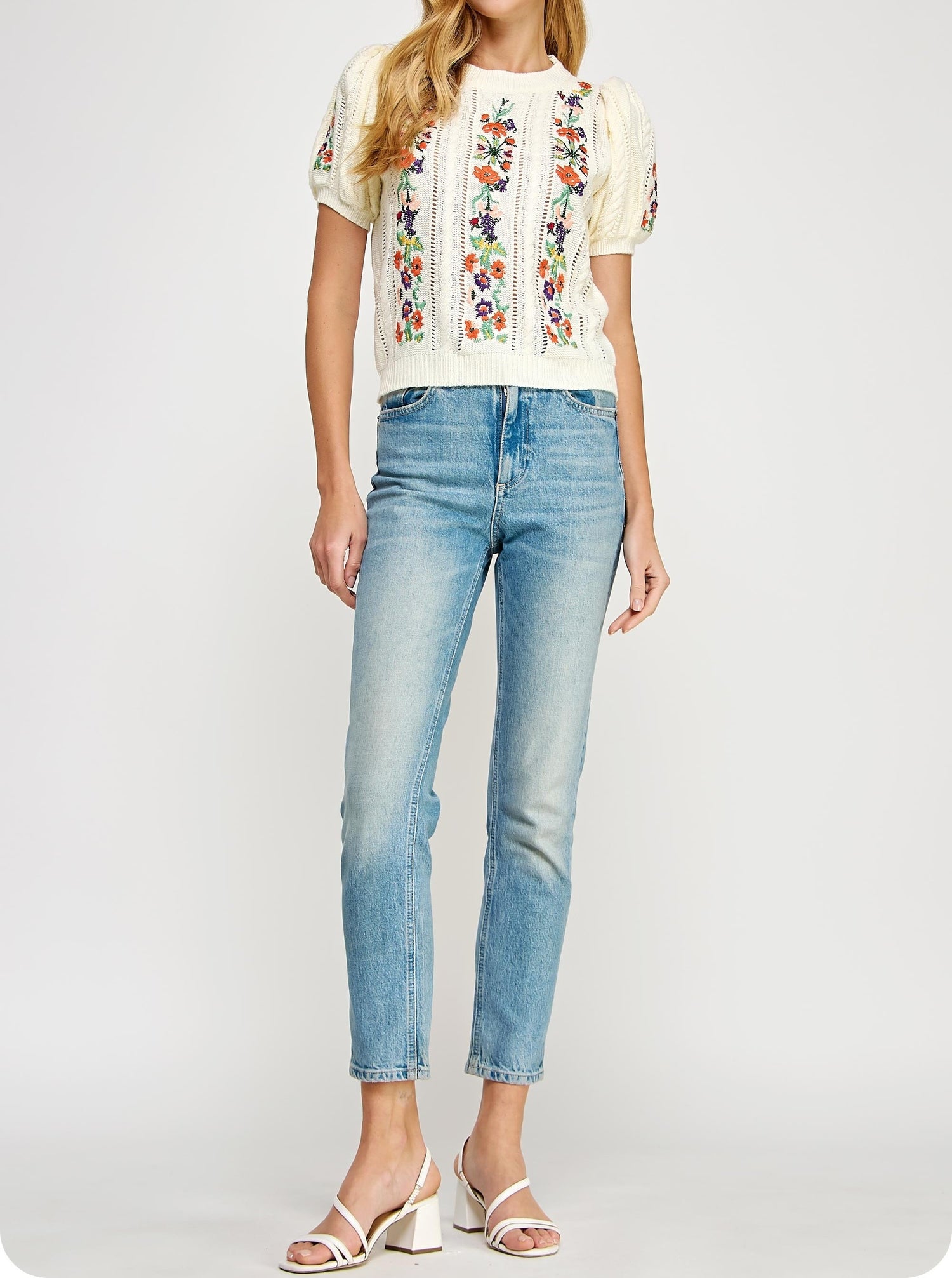 CREAM MULTI FLORAL EMBROIDERED POINTELLE KNITTED TOP