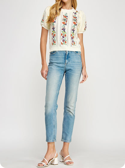 CREAM MULTI FLORAL EMBROIDERED POINTELLE KNITTED TOP