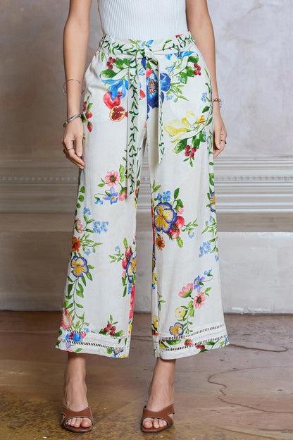 MULTI COLOR FLORAL PRINT WAIST TIE HIGH RISE FULL LENGTH WIDE LEG PANT