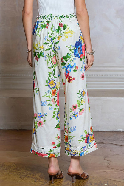 MULTI COLOR FLORAL PRINT WAIST TIE HIGH RISE FULL LENGTH WIDE LEG PANT