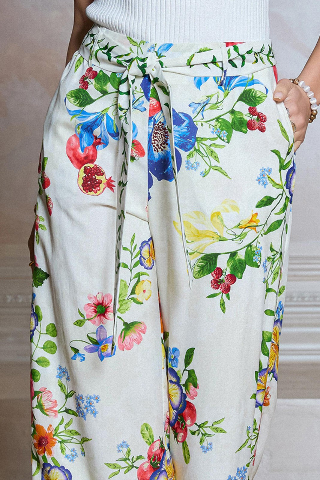 MULTI COLOR FLORAL PRINT WAIST TIE HIGH RISE FULL LENGTH WIDE LEG PANT