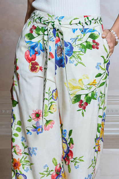 MULTI COLOR FLORAL PRINT WAIST TIE HIGH RISE FULL LENGTH WIDE LEG PANT