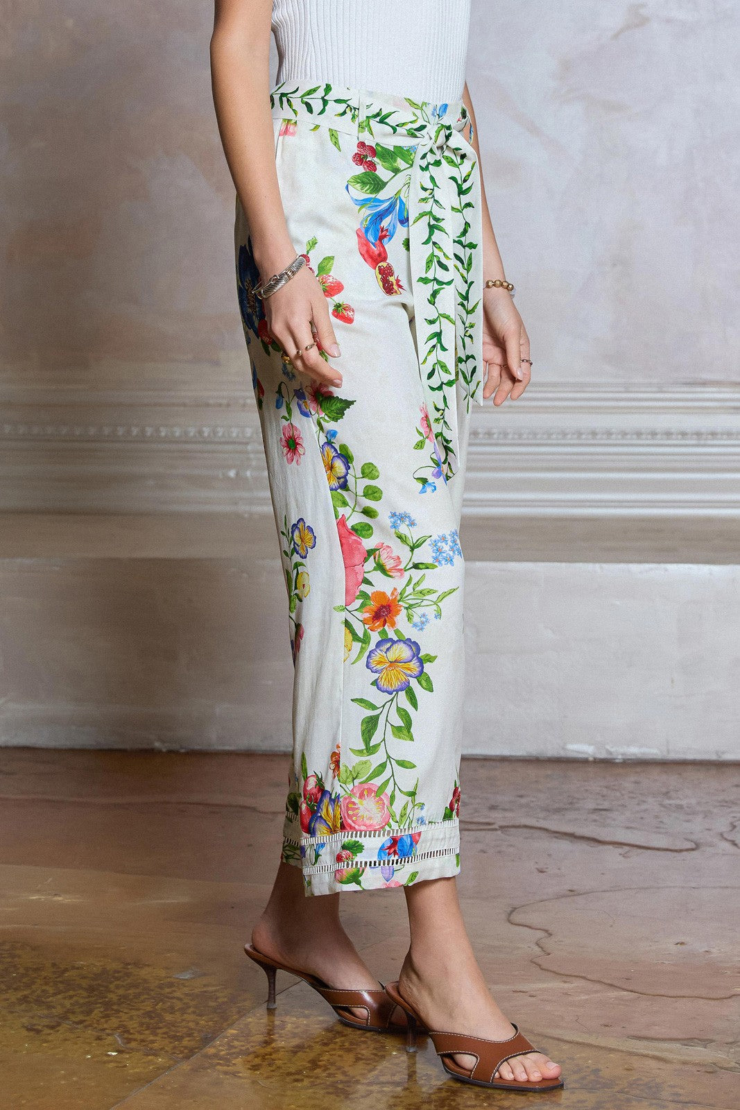 MULTI COLOR FLORAL PRINT WAIST TIE HIGH RISE FULL LENGTH WIDE LEG PANT