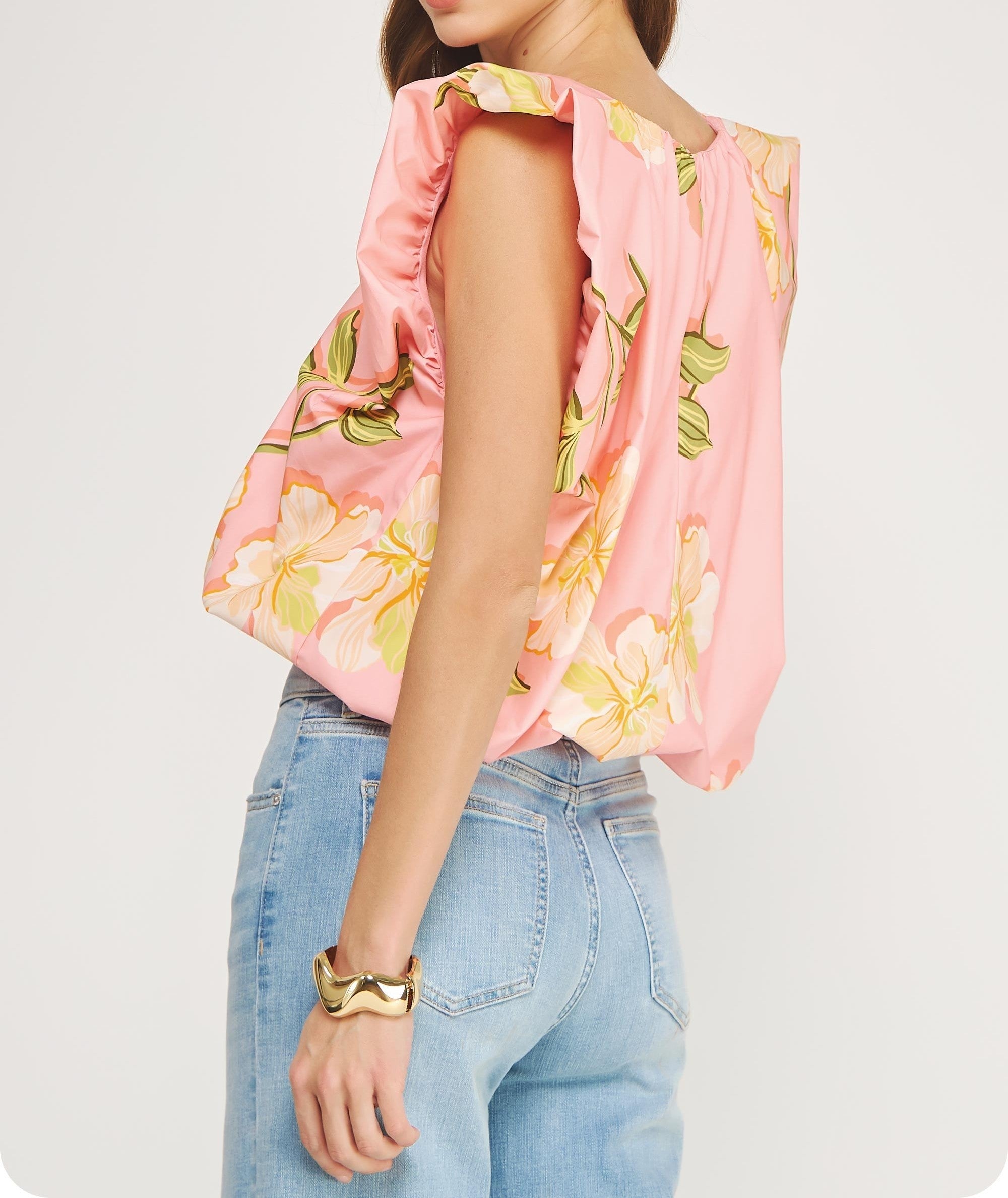 PINK MULTI TROPICAL HIBISCUS FLORAL PRINT VNECK RUFFLED BUBBLE TOP