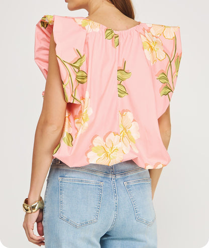 PINK MULTI TROPICAL HIBISCUS FLORAL PRINT VNECK RUFFLED BUBBLE TOP