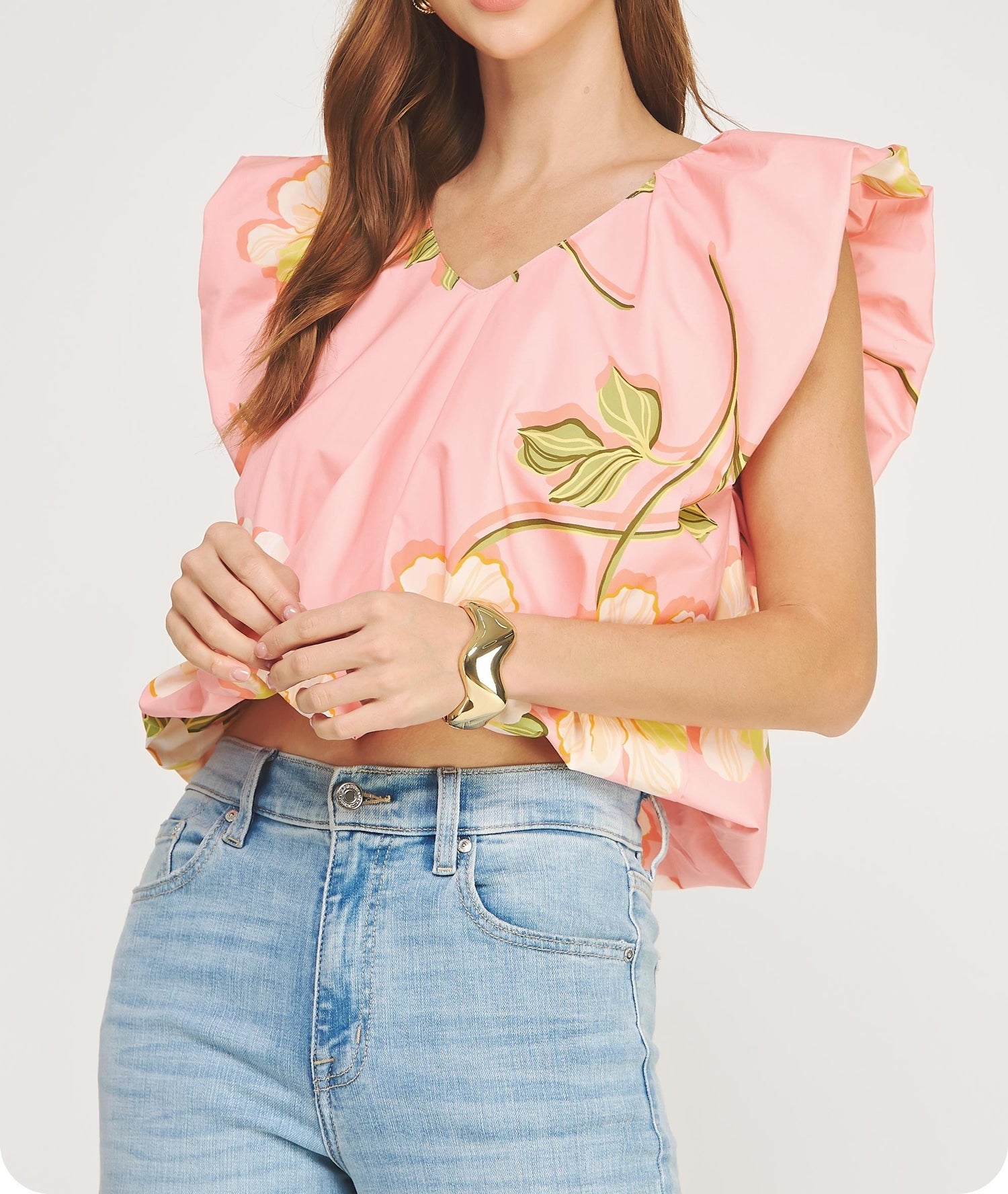 PINK MULTI TROPICAL HIBISCUS FLORAL PRINT VNECK RUFFLED BUBBLE TOP