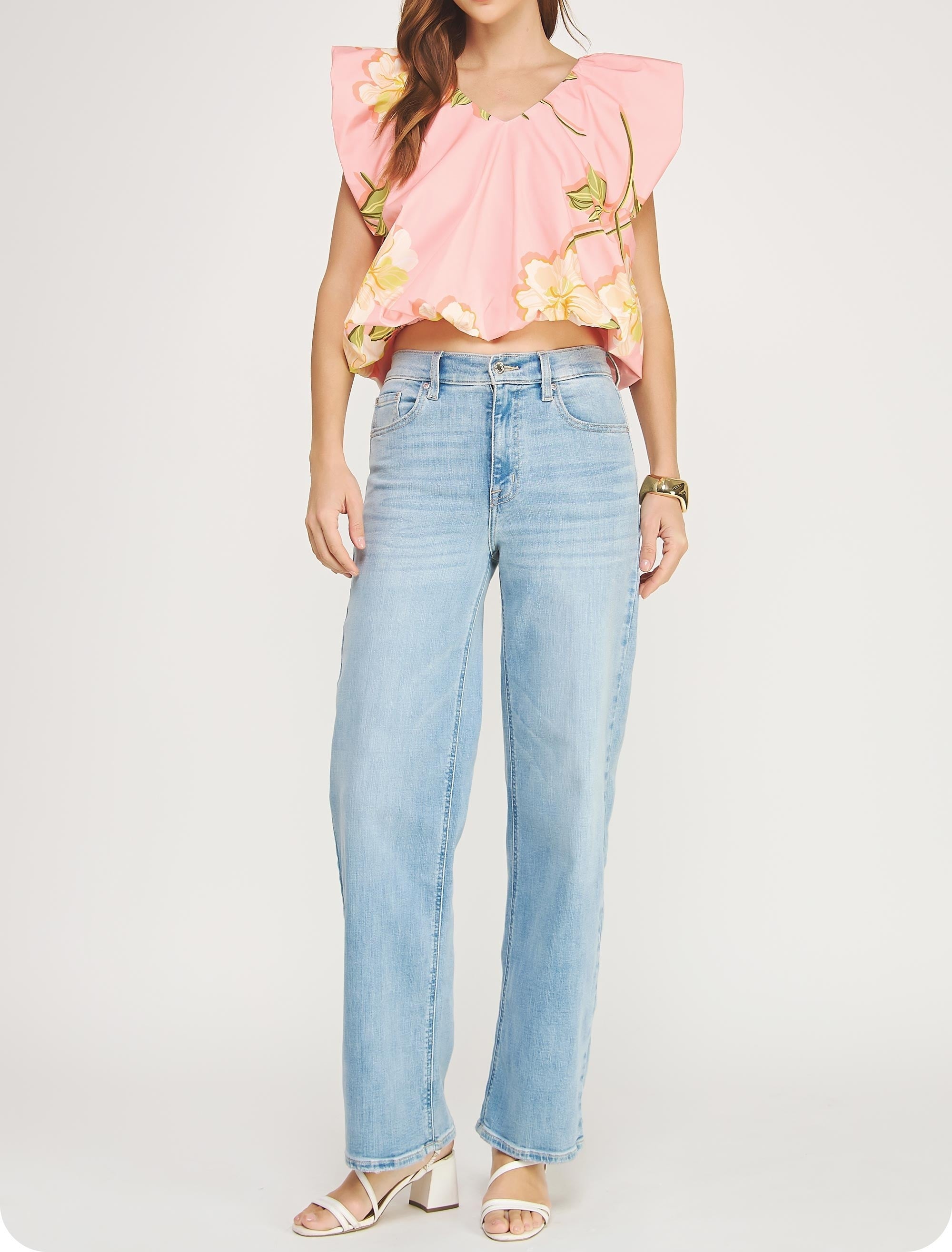 PINK MULTI TROPICAL HIBISCUS FLORAL PRINT VNECK RUFFLED BUBBLE TOP