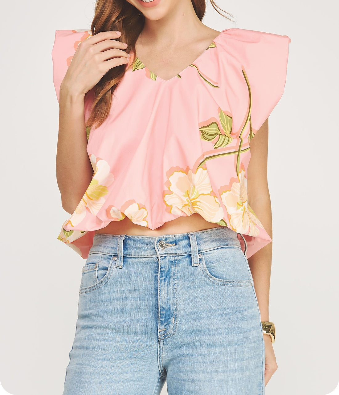 PINK MULTI TROPICAL HIBISCUS FLORAL PRINT VNECK RUFFLED BUBBLE TOP
