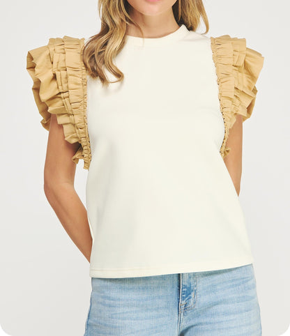 CREAM/BROWN RUFFLE FRILL MIXED MEDIA KNIT TEE TOP