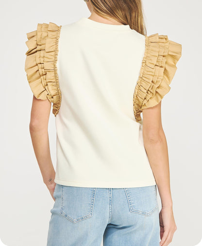 CREAM/BROWN RUFFLE FRILL MIXED MEDIA KNIT TEE TOP