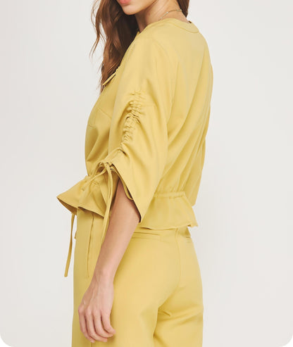 HONEY MUSTARD YELLOW 1/2 SLEEVE RUCHED SUITING TOP JACKET