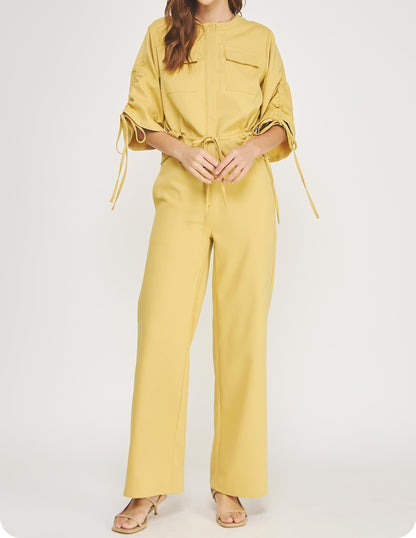 HONEY MUSTARD YELLOW 1/2 SLEEVE RUCHED SUITING TOP JACKET